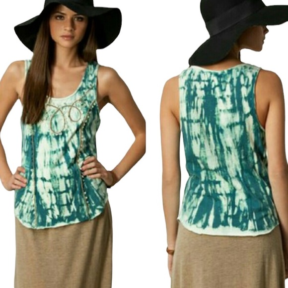 Free People Everything Zen Teal Tie Dye Beaded Tank Top Sz S - Picture 2 of 14
